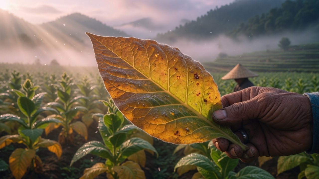 Visual comparison of tobacco leaf positions — upper leaves thick and dark green, middle leaves uniform in color, lower leaves thin and light green